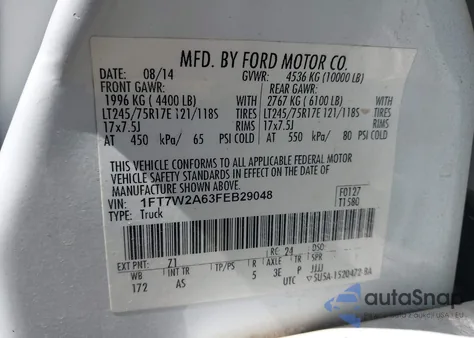 2015 Ford F-250 Xl from USA, damaged, VIN 1FT7W2A63FEB29048